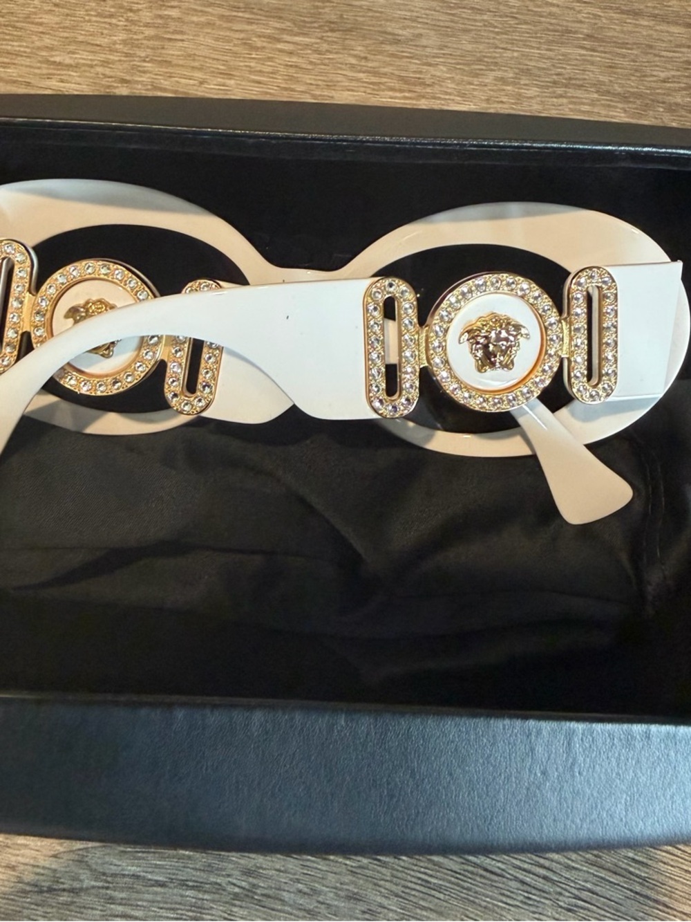 Versace White Sunglasses with Gold Medallion and Crystal Accents